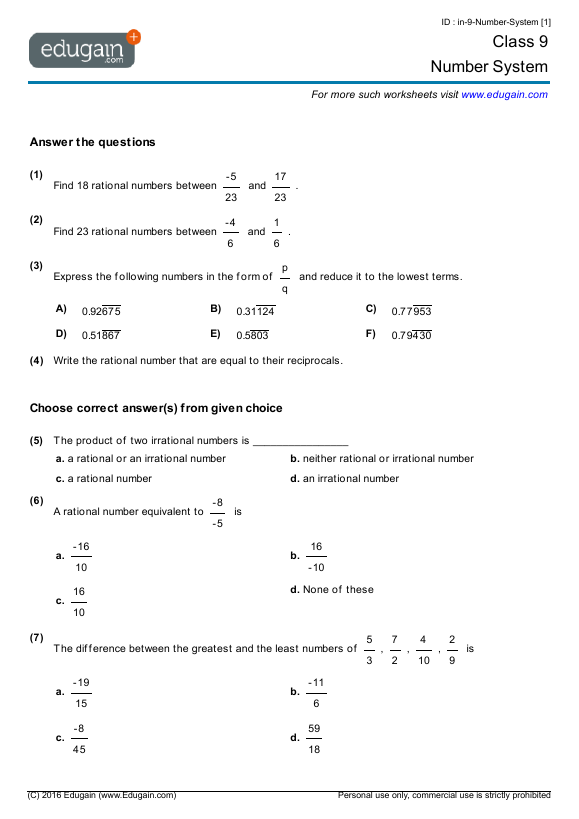 number system class 9 assignment